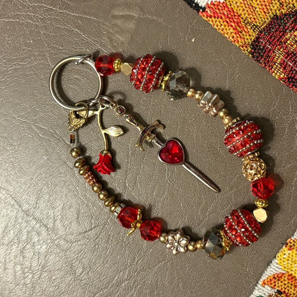 Elegant Red Beaded Keychain Bracelet